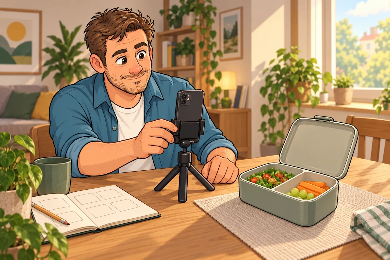 Mann mit blauem Hemd filmt eine Lunchbox mit Smartphone auf Tischstativ in hellem Wohnzimmer mit Pflanzen