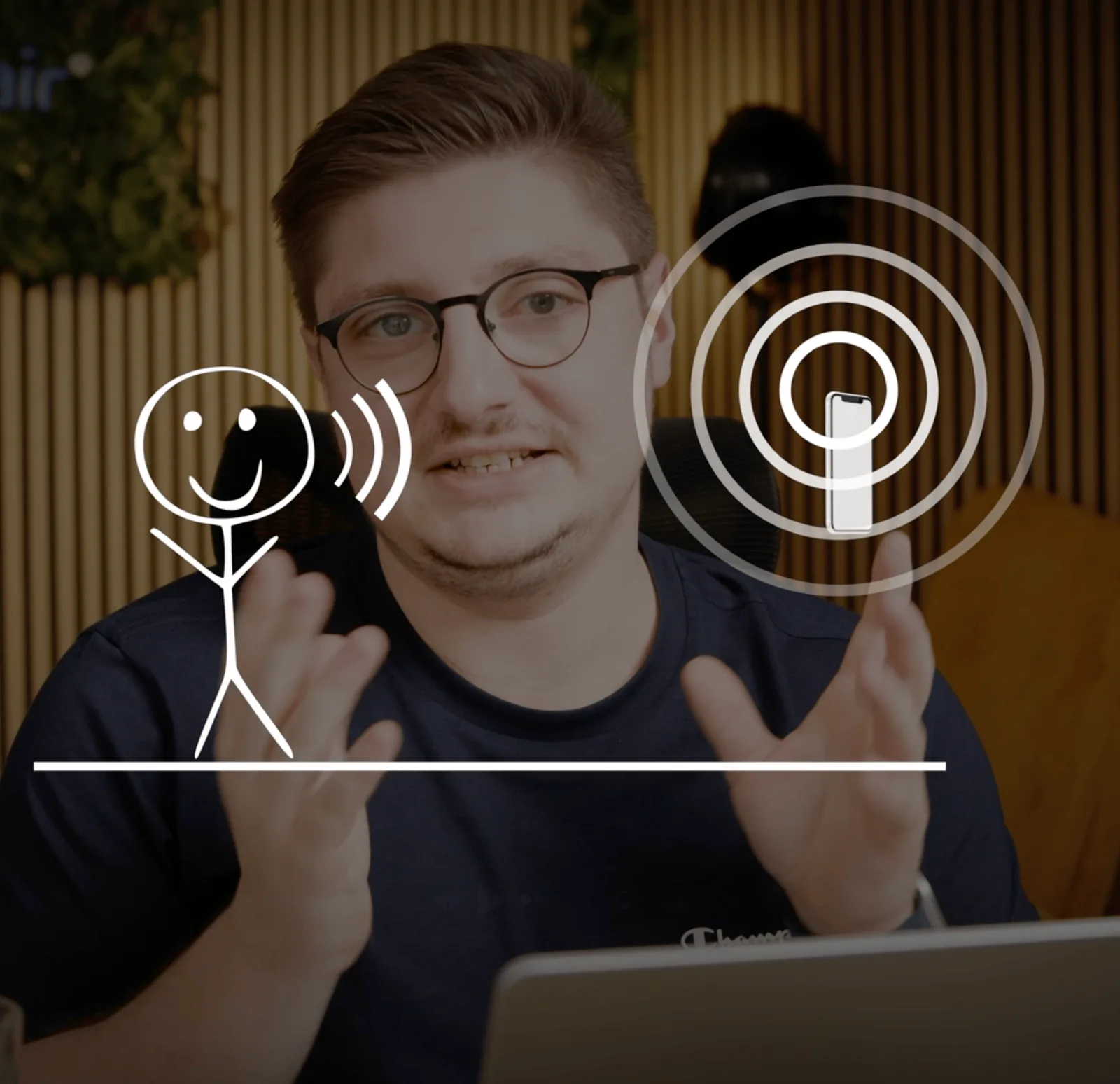 UGC Videokurs – Kurs zu User Generated Content von Simon Knobloch 7 Mann demonstriert Kommunikation zwischen Strichmännchen und Smartphone mit Funkwellen-Symbol