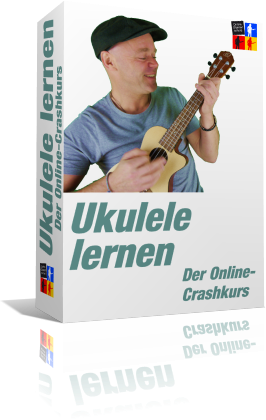 Ukulele lernen Der Online-Crashkurs Produktbox mit Mann und Ukulele