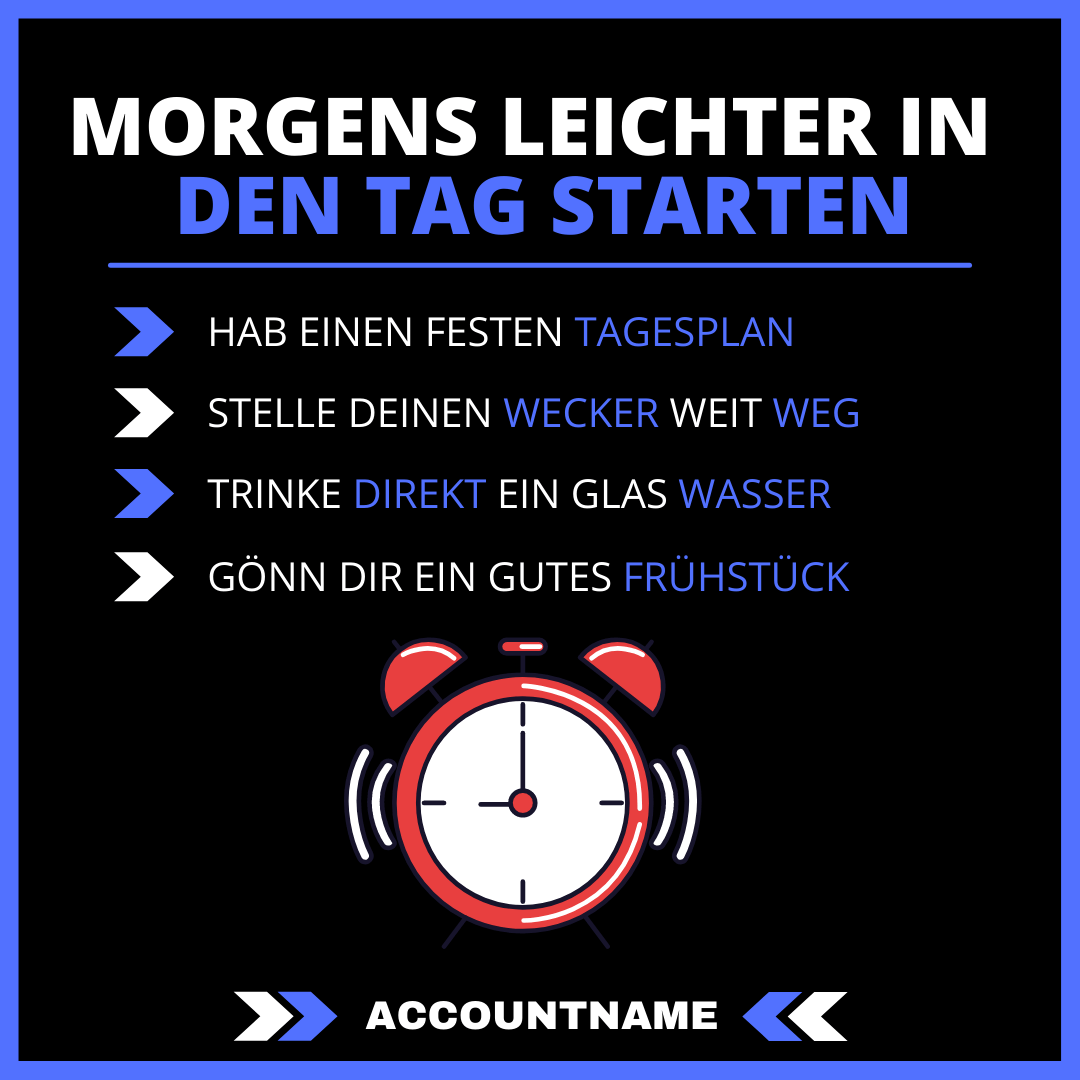 Business-Post mit Morgen-Routine Tipps in Blau und Schwarz