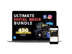 Ultimate Social Media Bundle Mockup mit MacBook und iPhone, 450 Canva Templates