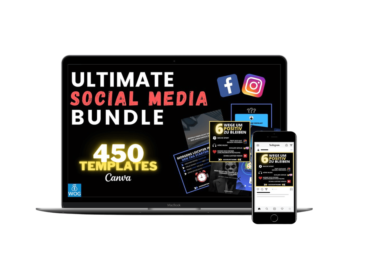 Ultimate Social Media Bundle Mockup mit MacBook und iPhone, 450 Canva Templates