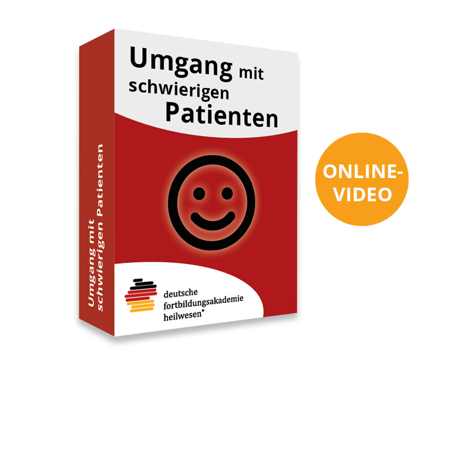 Umgang mit schwierigen Patienten – Videokurs zur Gesprächsführung 2 Produktbox Umgang mit schwierigen Patienten mit rotem Smiley-Gesicht und DFA-Logo