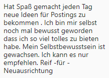 Kundenfeedback über tägliche Posting-Ideen und gestiegenes Selbstbewusstsein