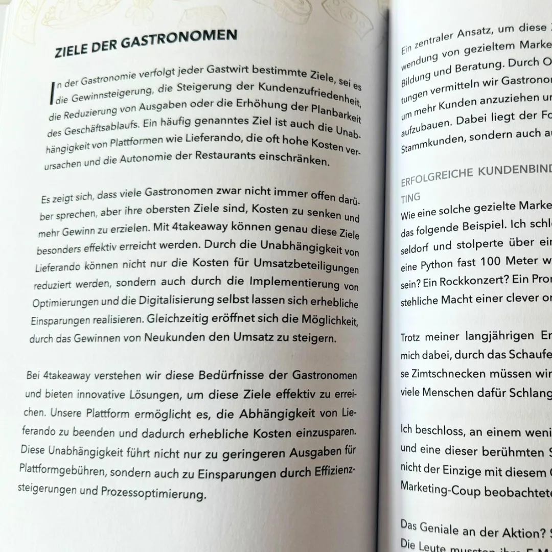 Buch-Seite mit Überschrift Ziele der Gastronomen und Text über Gewinnsteigerung und Kundenzufriedenheit
