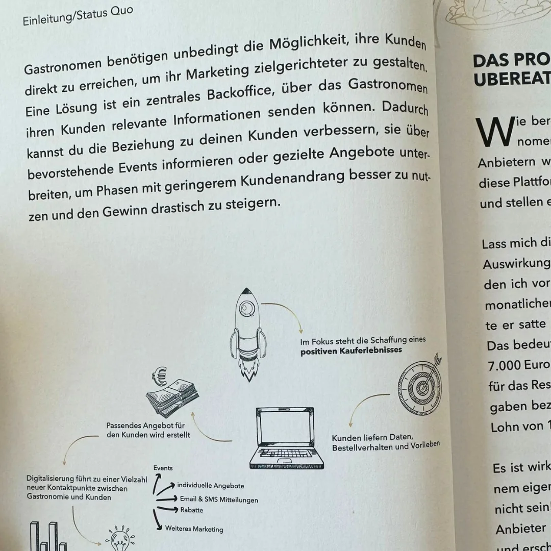 Buch-Seite mit Text zur Einleitung und Status Quo der Gastronomie, Diagramm mit Rakete und Laptop