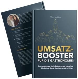 Buchcover und Innenseite Mockup Umsatzbooster für die Gastronomie von Thomas Wos mit Raketen-Illustration