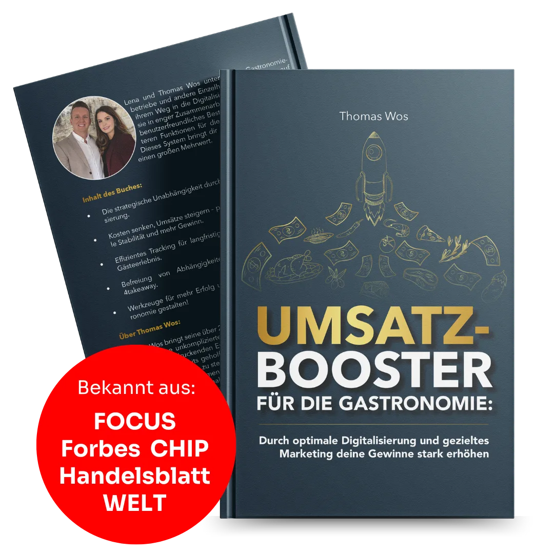 Buch-Mockup mit Umsatzbooster-Cover und aufgeschlagener Innenseite mit Foto von Thomas Wos und Lena, roter Kreis mit FOCUS Fo