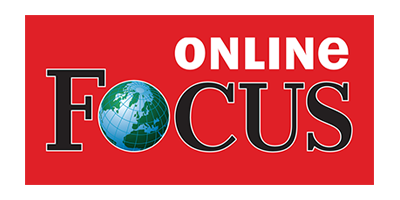 Online Focus Logo mit Globus-Symbol auf rotem Hintergrund