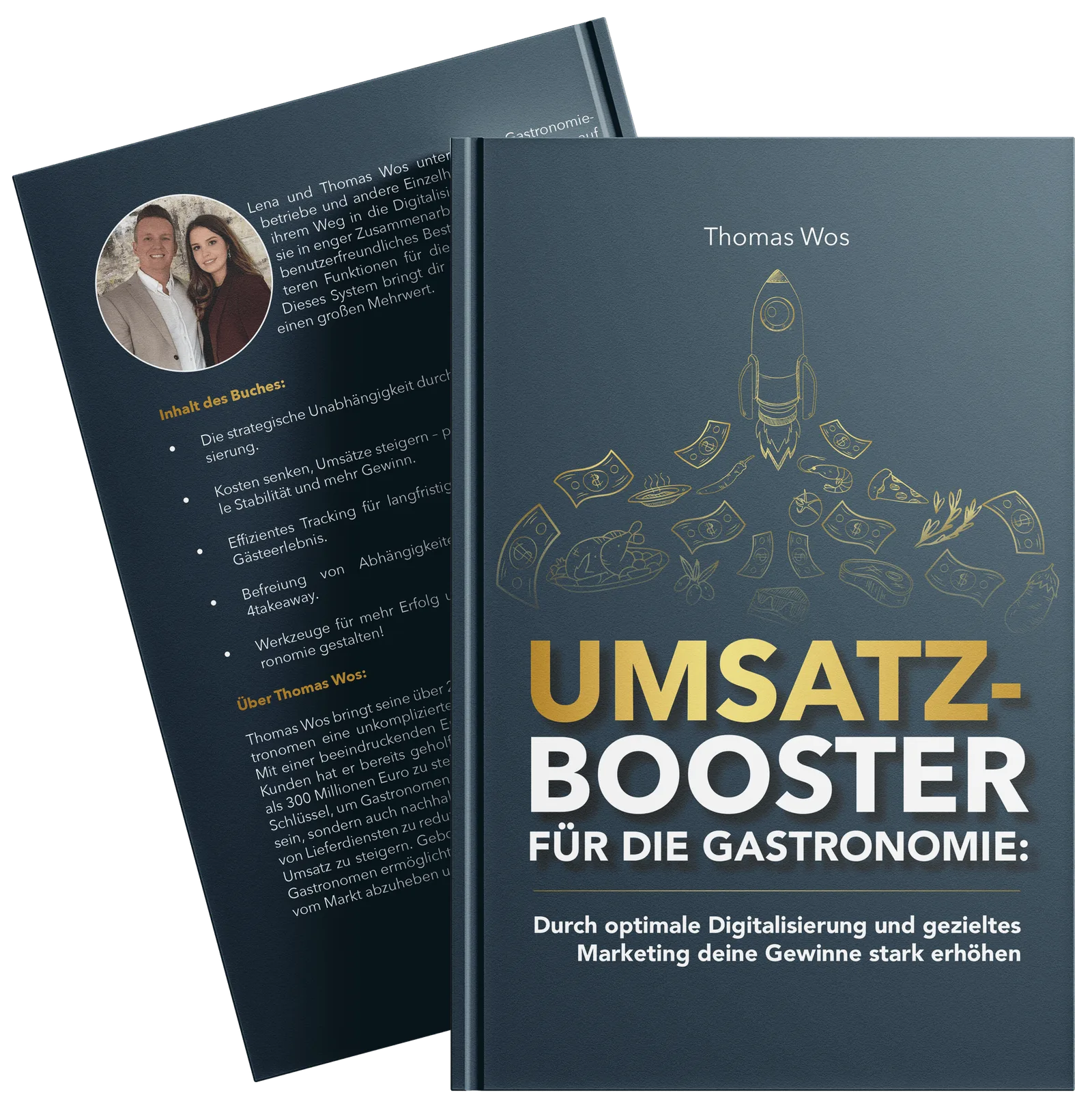 Buchcover und Innenseite Mockup Umsatzbooster für die Gastronomie von Thomas Wos mit Raketen-Illustration