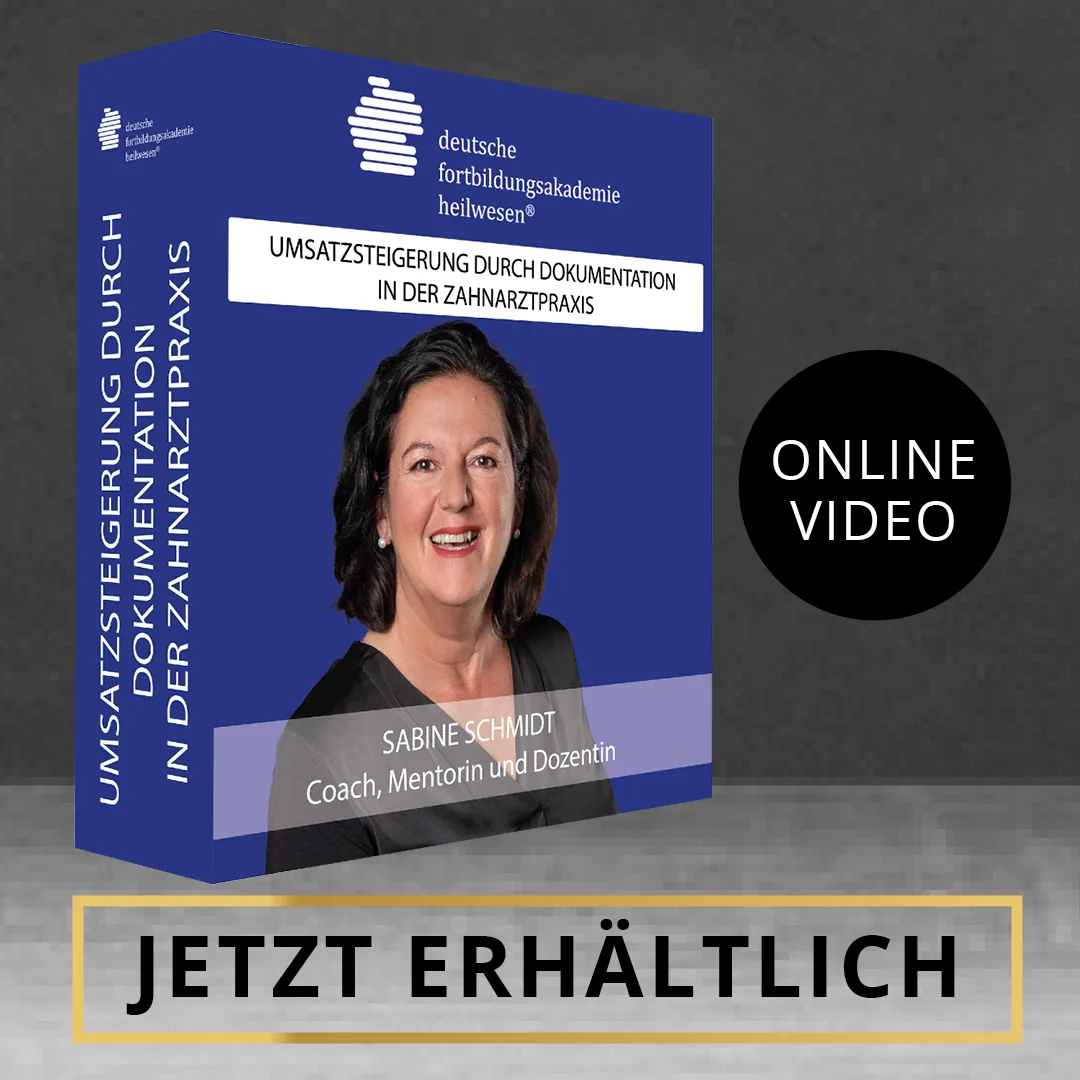 Umsatzsteigerung durch Dokumentation von Sabine Schmidt 3 Videokurs-Box Umsatzsteigerung durch Dokumentation mit Porträt von Sabine Schmidt und JETZT ERHÄLTLICH Button