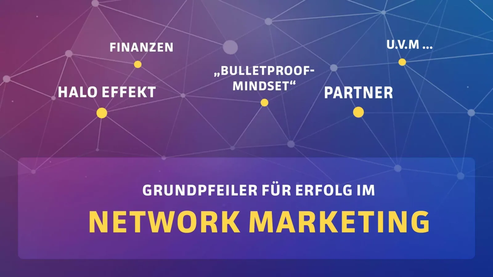 Modul-Startseite mit netzwerkartiger Grafik und Grundpfeilern des Network Marketing