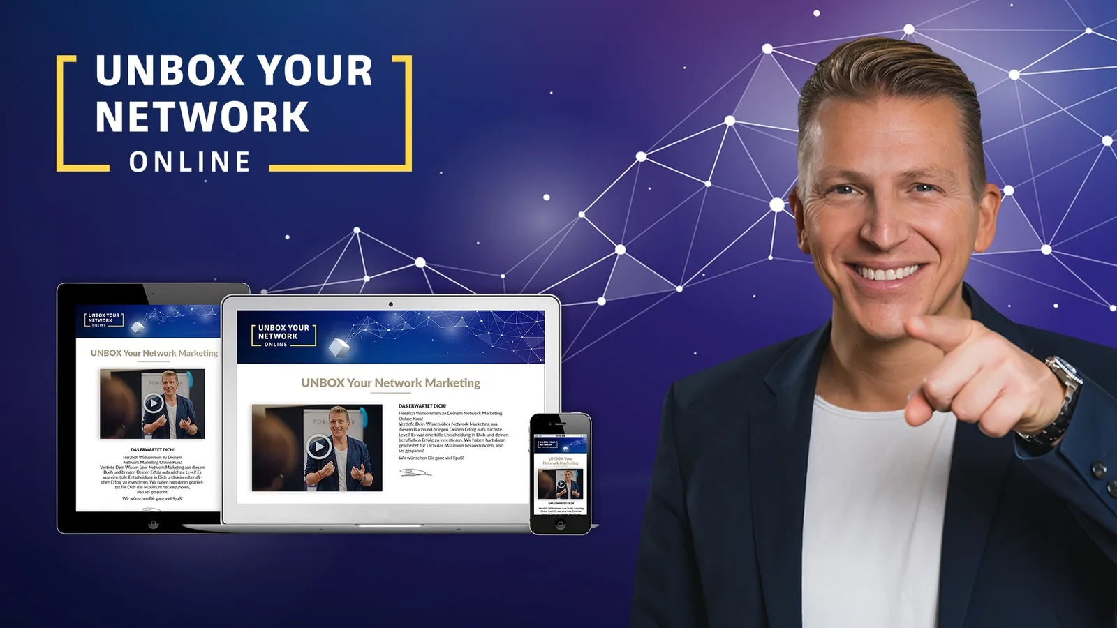 Hero-Banner für Unbox Your Network Marketing Online-Kurs mit männlichem Trainer, Netzwerk-Grafik und responsive Mockups