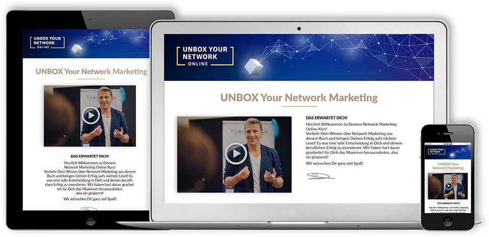 Responsive Mockup des Online-Kurses Unbox Your Network Marketing auf Tablet, Desktop und Smartphone