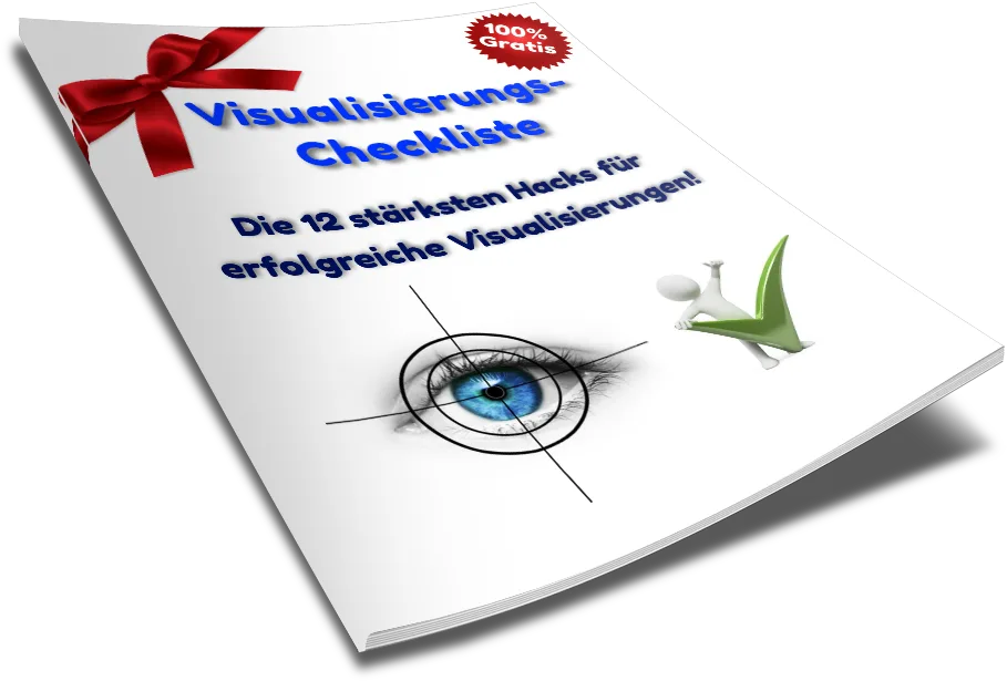 Visualisierungs-Checkliste mit roter Schleife, blauem Text und Auge – Die 12 stärksten Hacks für erfolgreiche Visualisierunge