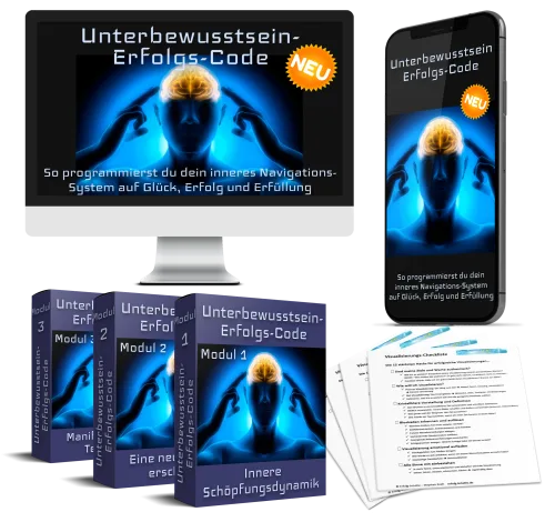 Produktmockup Unterbewusstsein-Erfolgs-Code mit Desktop, Smartphone und Modulboxen – Kurs über innere Navigationssysteme für