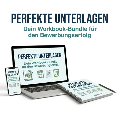 Unterlagen-Check – Bewerbungsunterlagen-Workbooks von Heinz G. Bader 1 Workbook-Bundle Perfekte Unterlagen mit Mockup auf Smartphone, Laptop und Notizbuch