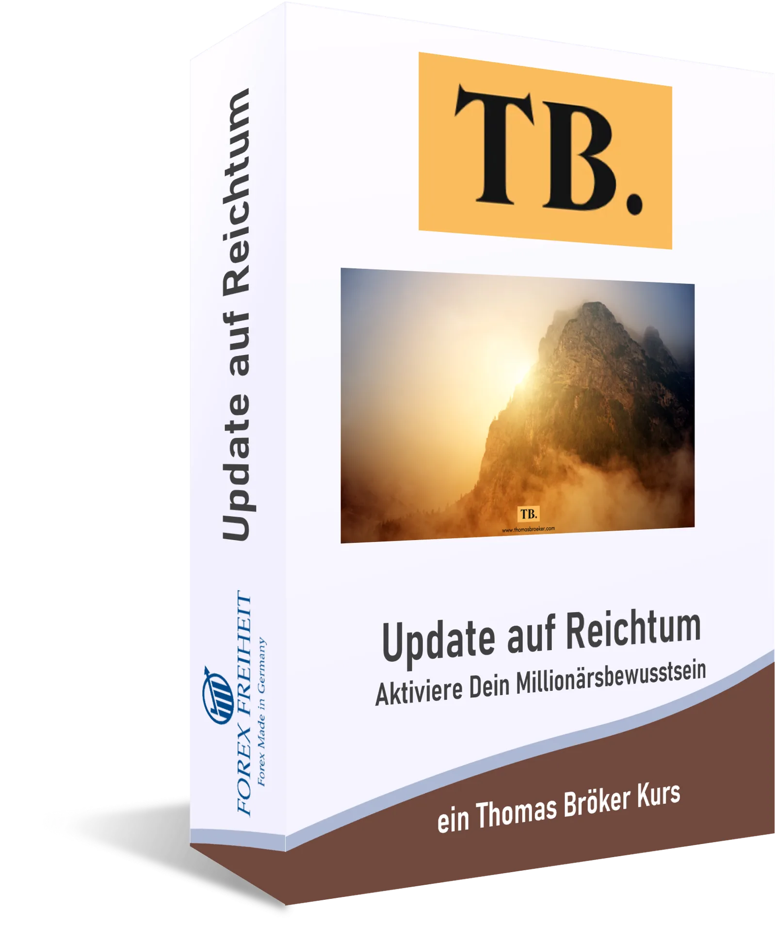 Produktbox Update auf Reichtum mit TB-Logo und Bergmotiv