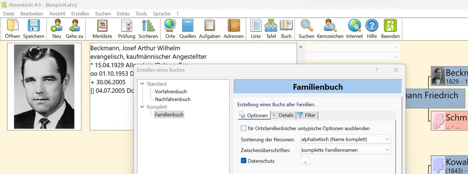 Ahnenblatt Version 4 Familienbuch mit Stammbaum und Verwandtschaftsdarstellung