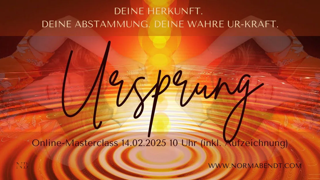 Galeriegrafik Ursprung Masterclass mit Berg, Licht und Handschrift auf oranger Fläche