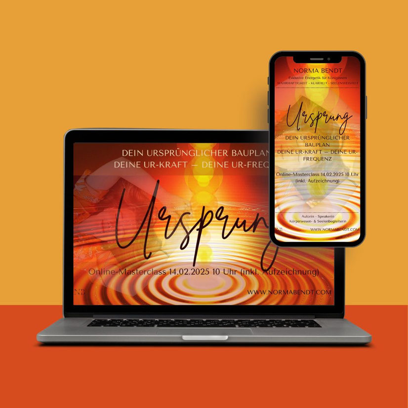 Mockup von Laptop und Smartphone mit Ursprung Masterclass Grafik auf gelbem Hintergrund