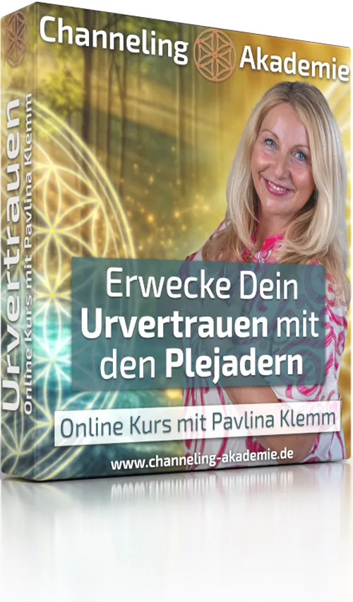 Produktbox-Mockup Urvertrauen-Onlinekurs mit Pavlina Klemm, Box-Design mit Plejadern-Symbolen und Portrait der Trainerin