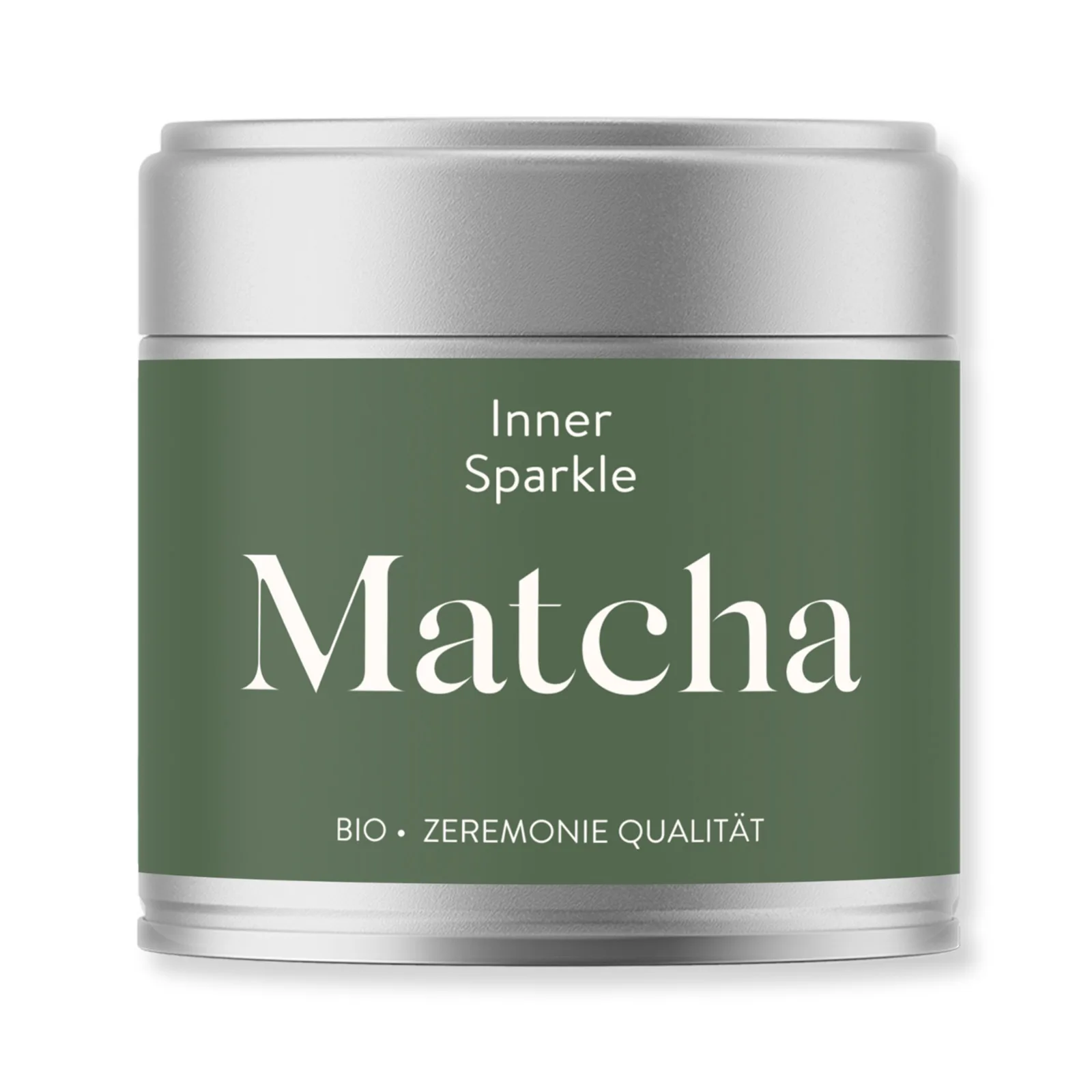 Vegan und glutenfrei Frühstücken – 30 leckere Rezepte von Tasty Katy 4 Matcha Pulver in silbernem Behälter mit grünem Label Inner Sparkle