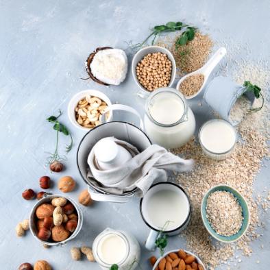 Vegane Backzutaten: Kokosmilch, Kichererbsen, Nüsse, Pflanzenmilch und Getreidesorten in Schüsseln