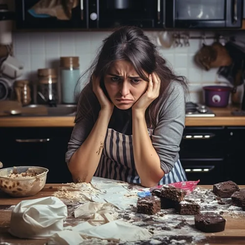 Frustrierte Frau in der Küche mit verschmutztem Backtisch und Schokoladenkuchen
