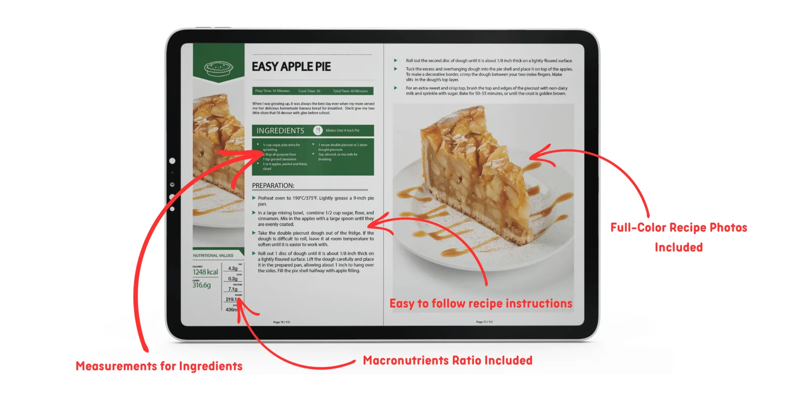 Veganize Baking Cookbook Rezeptseite auf Tablet mit Easy Apple Pie, Zutaten und Anleitung