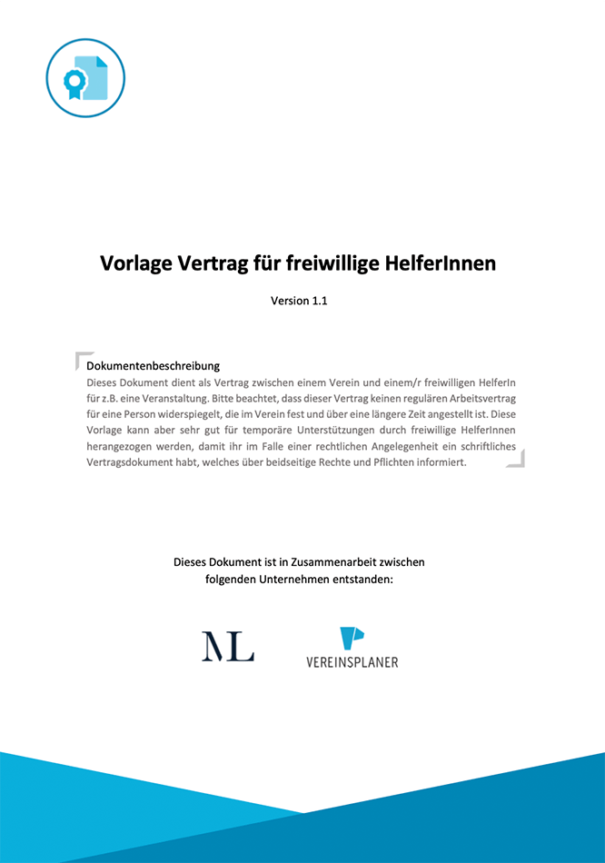 Dokumentvorlage für Vertrag mit freiwilligen HelferInnen, Vereinsplaner-Logo, blaues Wellendesign am unteren Rand