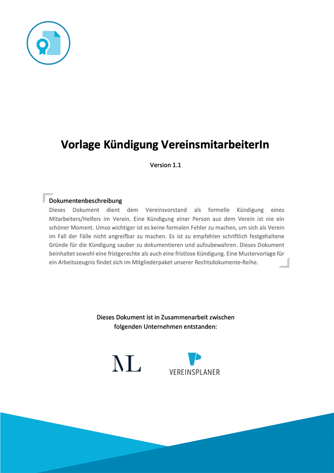 Dokumentvorlage Kündigung Vereinsmitarbeiterin mit Dokumentsymbol und Vereinsplaner-Logo