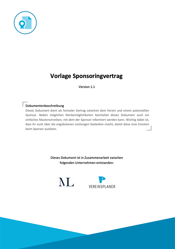 Dokumentvorlage Sponsoringvertrag mit blauem Dokumentsymbol und formales Layout