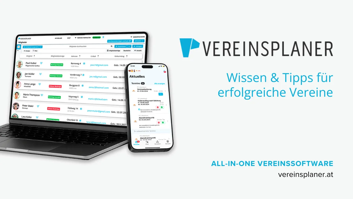 Vereinsplaner Software Dashboard auf Laptop und Mobile mit Tagline: Wissen & Tipps für erfolgreiche Vereine