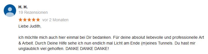 Kundenstimme von H.H. mit 5-Sterne-Bewertung über transformative professionelle Hilfe