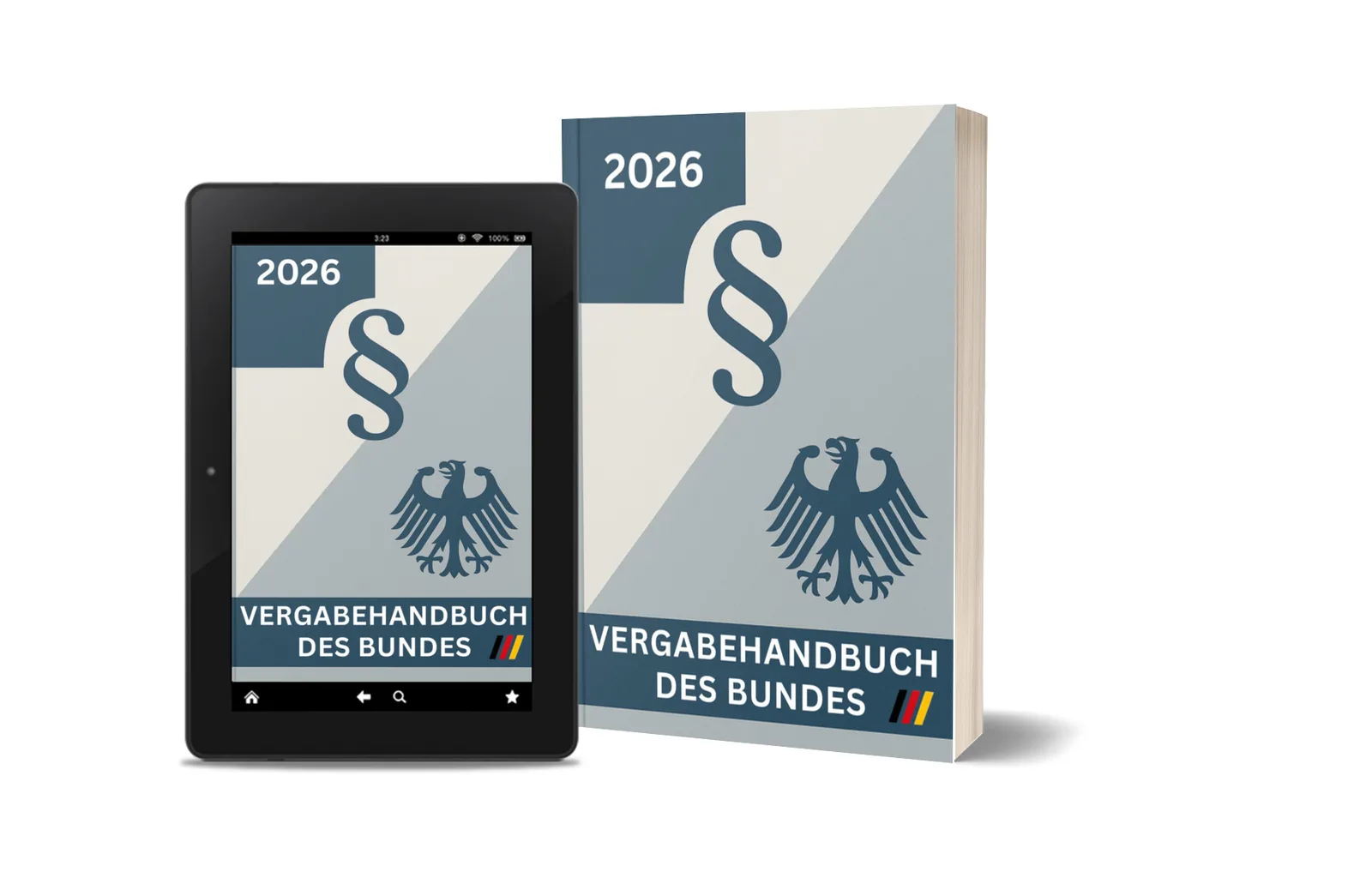 Mockup Vergabehandbuch des Bundes 2026 auf Tablet und als gedrucktes Buch