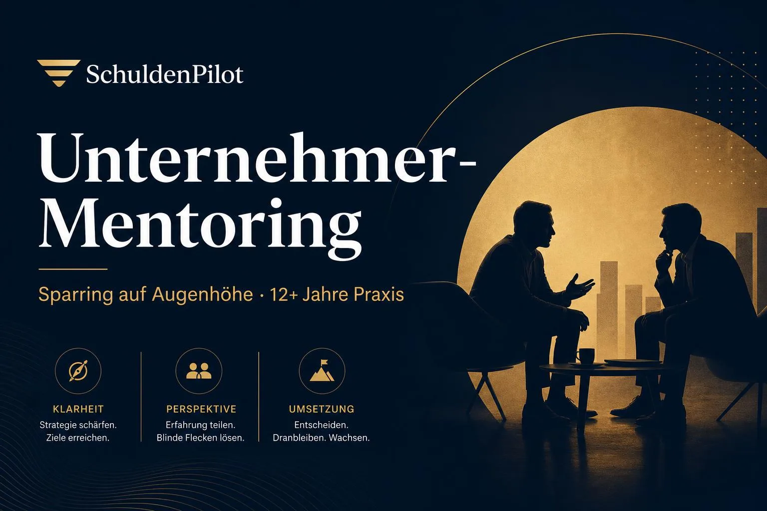 Schulden-Pilot Unternehmer-Mentoring Grafik mit zwei Silhouetten im Gespräch vor goldenem Hintergrund