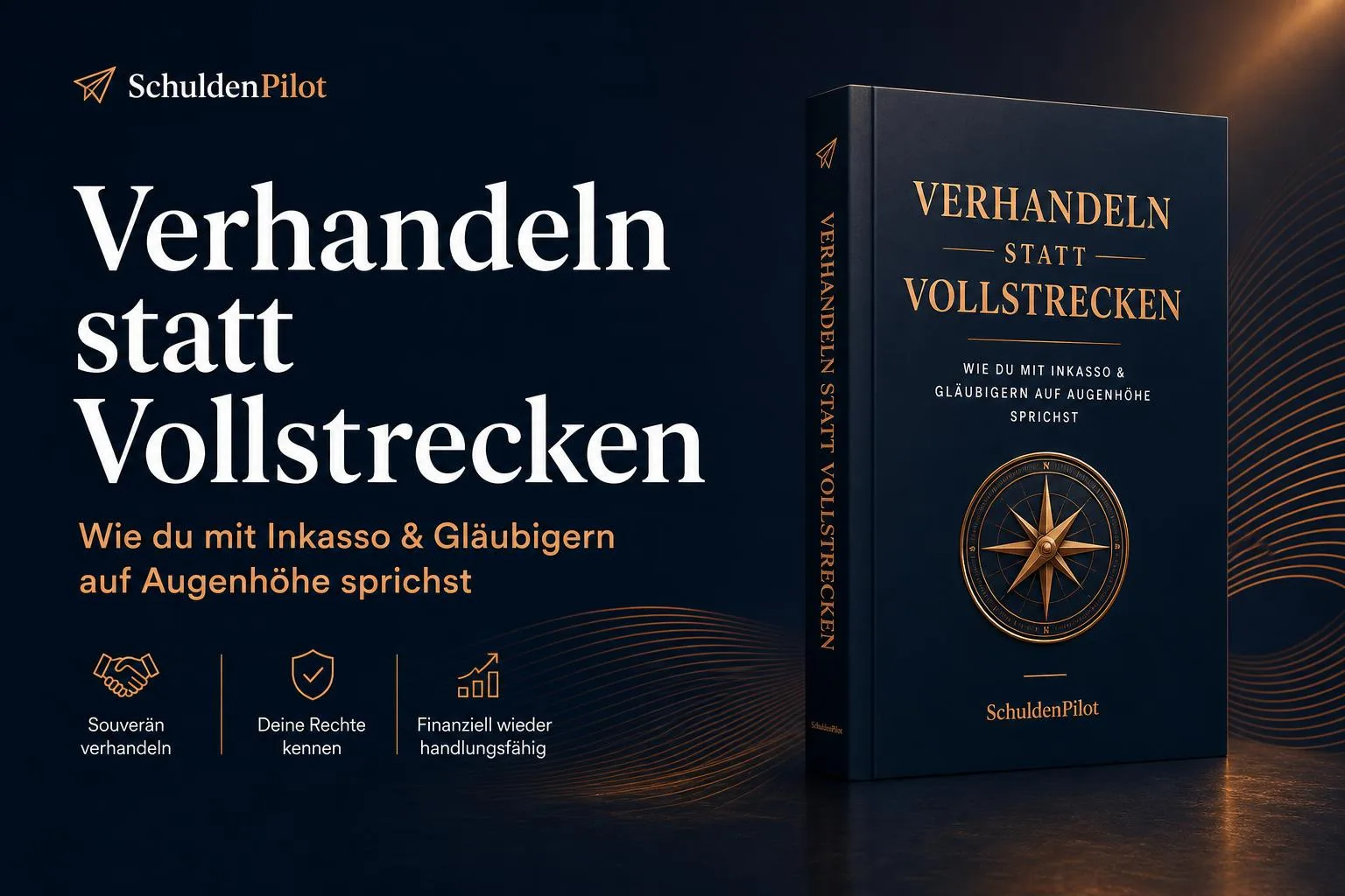 Schulden-Pilot Marketing-Material zum Buch Vergleich statt Vollstreckung mit dunkelblauem Design und goldenen Akzenten