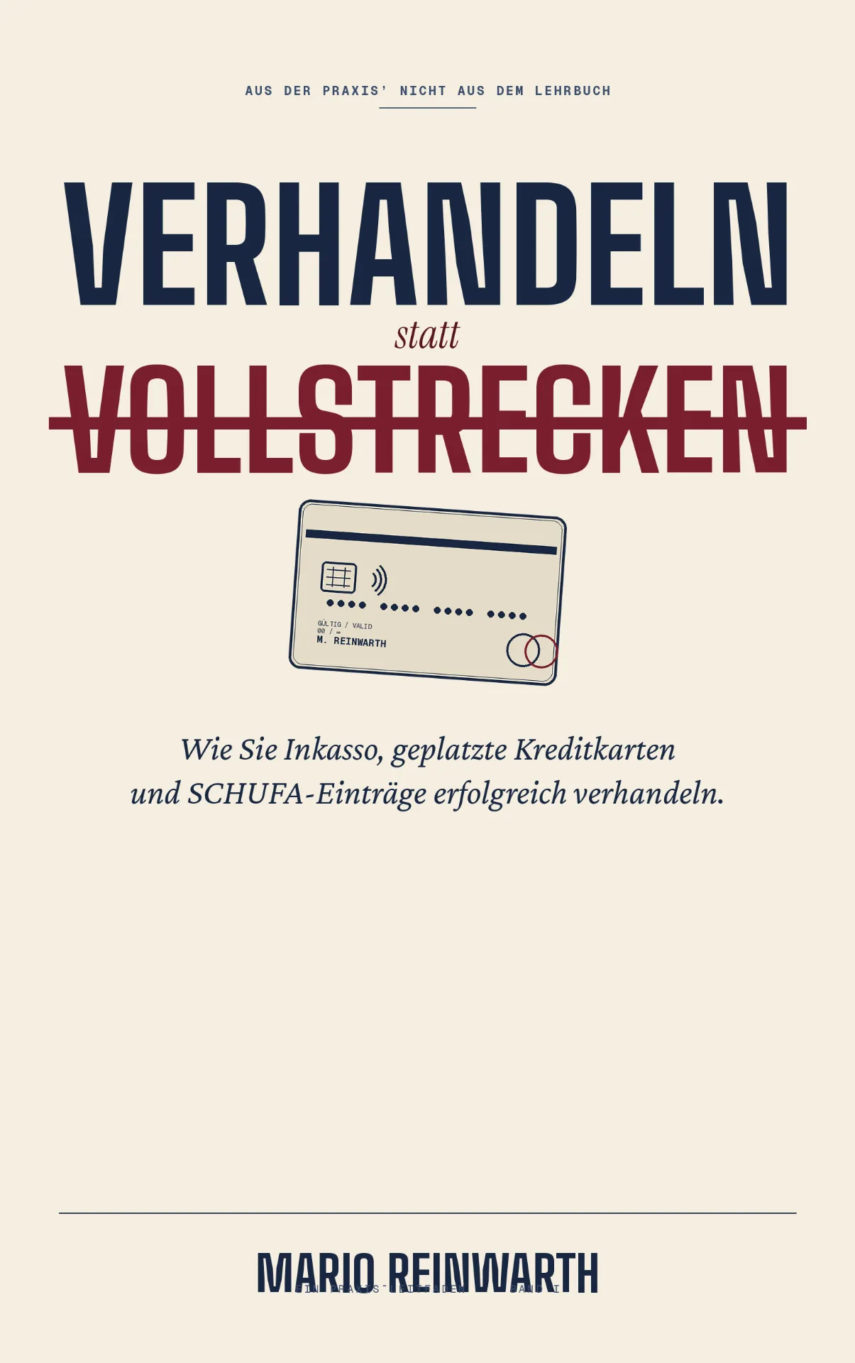 Buch-Cover Vergleich statt Vollstreckung von Mario Reinwarth mit Kreditkarten-Illustration in Beige und Dunkelblau