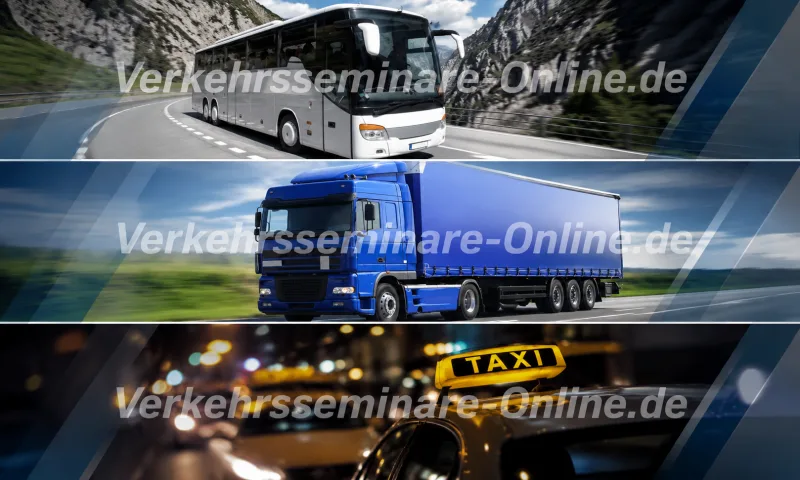 Montage dreier Verkehrsszenen: Bus auf Landstraße, Lastkraftwagen auf Autobahn, Taxi bei Nacht