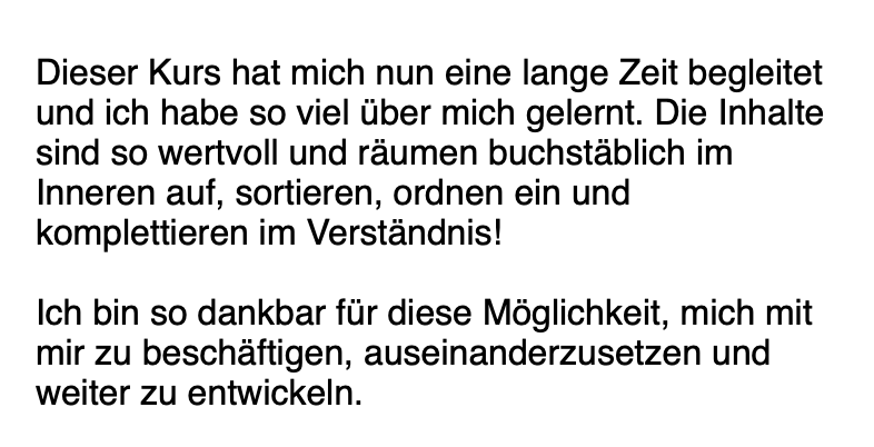 Kundenfeedback zum Verlustangst-Kurs mit Bewertung der Inhalte und persönlichen Entwicklung