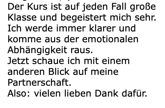 Kundenbewertung zu Kurserfolg und emotionaler Abhängigkeit beim Verlustangst-Kurs
