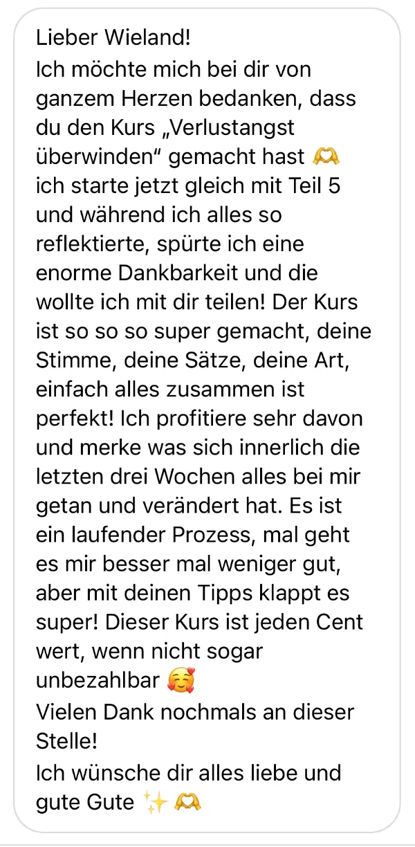 Ausführliche Kundenstimme: Kurs ist perfekt gemacht, enormer Dank für Begleitung