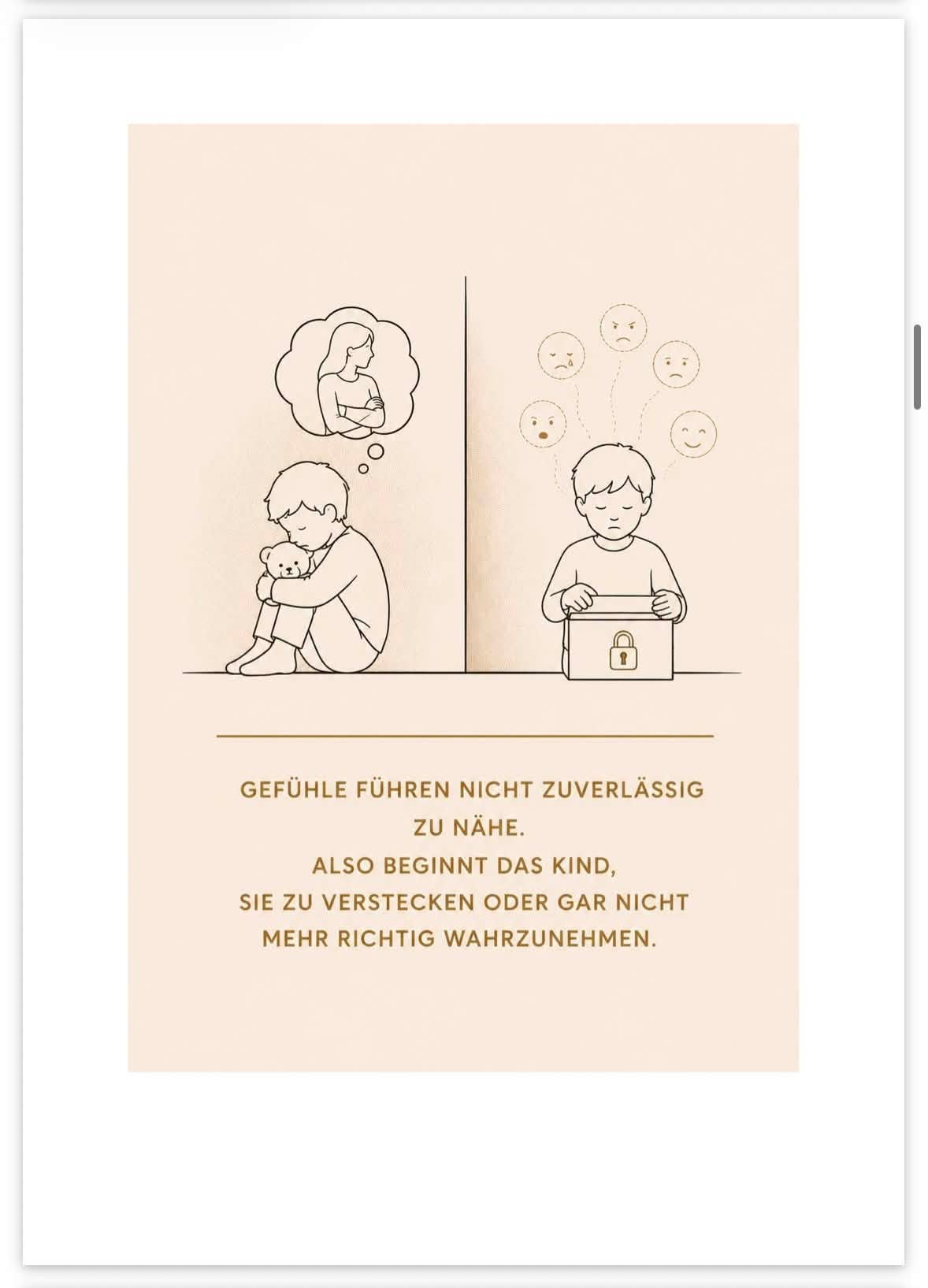 Leseprobe mit Illustration: Kind mit Teddy und Junge mit Box zeigt Gefühle und Nähe – abweisend-vermeidendes Muster