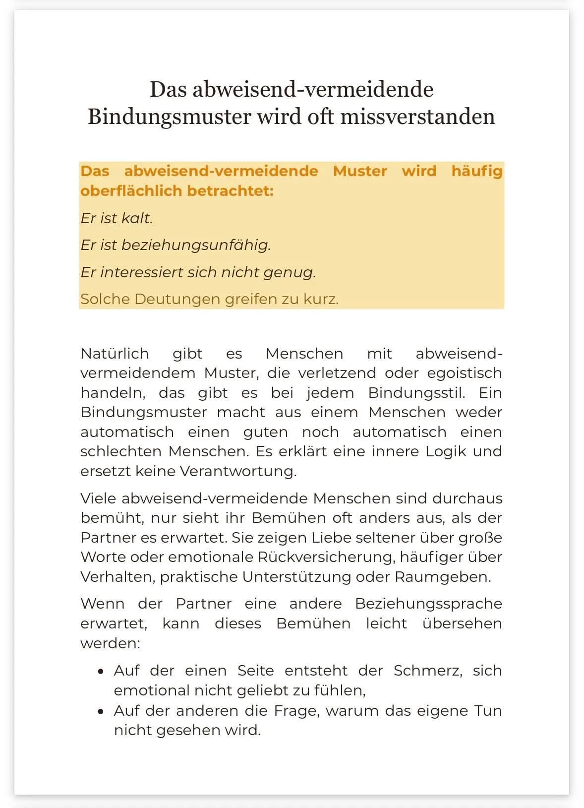 Leseprobe: Das abweisend-vermeidende Bindungsmuster wird oft missverstanden – Textauszug mit gelber Textbox