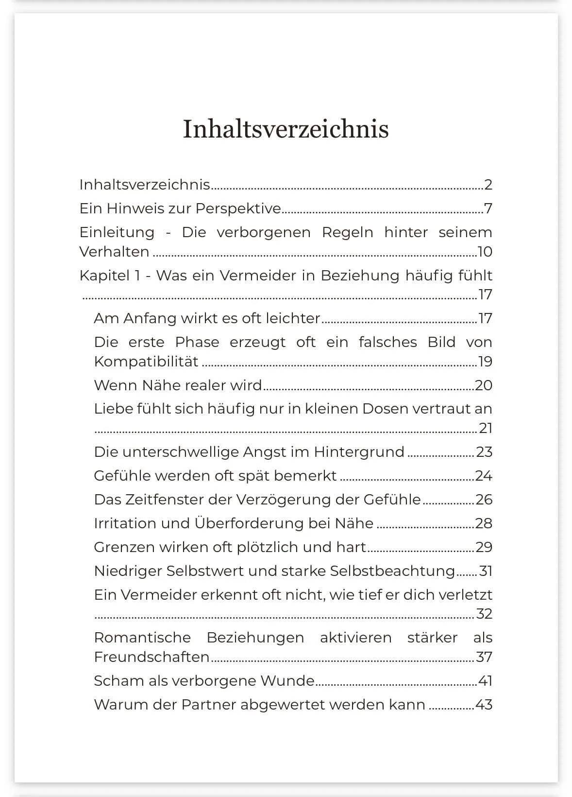 Inhaltsverzeichnis Band 2 mit Kapiteln zu Vermeidungsverhalten in Beziehungen, Reaktionsmuster und Nähe