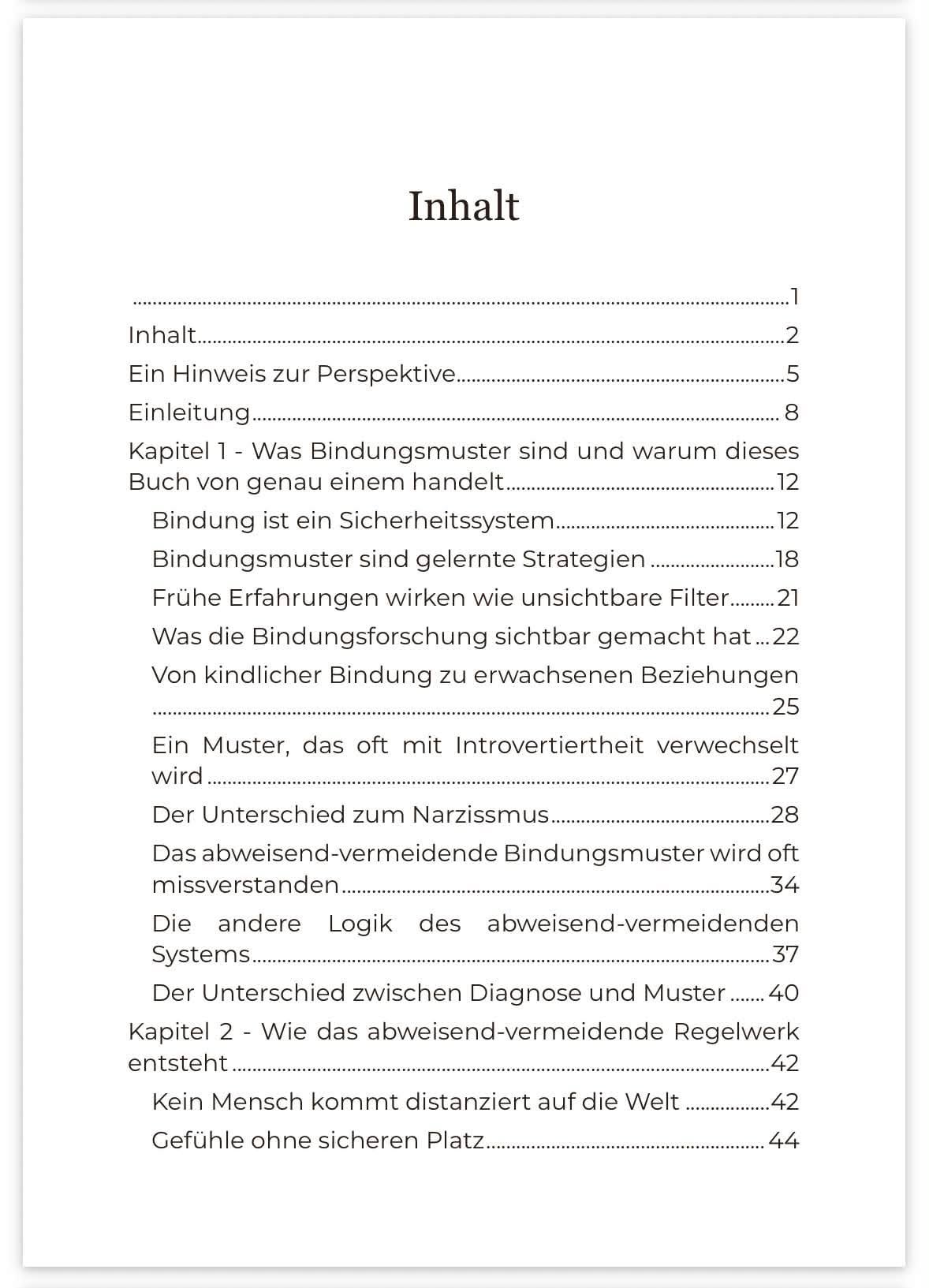 Inhaltsverzeichnis Band 1 mit Kapiteln zu Bindungsmustern, Bindungsforschung und abweisend-vermeidendem System