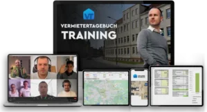 Vermietertagebuch Training Hero mit Kursübersicht auf mehreren Geräten: Laptop, Tablet, Smartphone und iPad zeigen Videokurs,