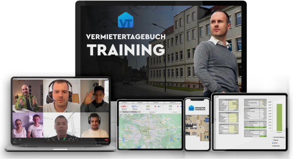Vermietertagebuch Training Hero mit Kursübersicht auf mehreren Geräten: Laptop, Tablet, Smartphone und iPad zeigen Videokurs,