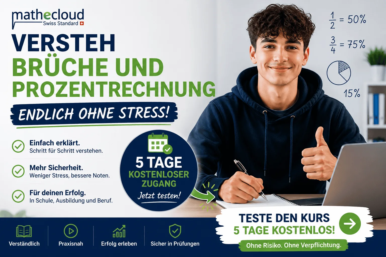 Mathecloud Kursbanner mit Student beim Lernen, Brüche und Prozentrechnung Konzepte, 5 Tage kostenlos
